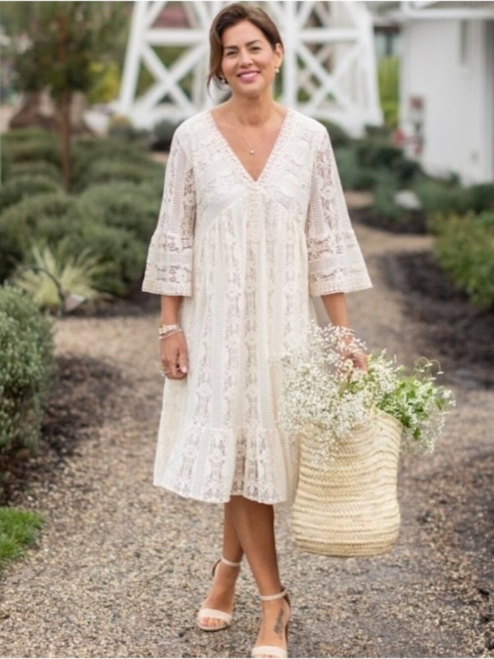 New Cream Lace Crochet Bell Sleeve Midi Dress Size Medium Oversized Baby Doll